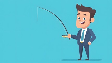 Smiling Caucasian businessman in suit fishing for creative ideas in the digital world