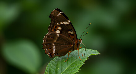 Obraz premium Detailed close up of a Hackberry Emperor butterfly resting on a vibrant green leaf