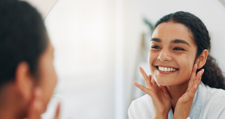 Smile, reflection and woman in bathroom, skincare and grooming with dermatology, wellness and...
