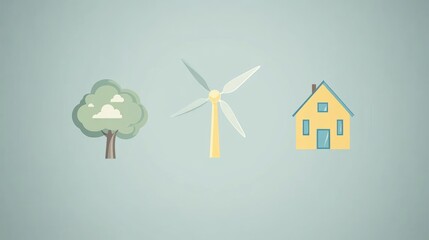 Naklejka premium Green energy home, wind turbine, tree, illustration