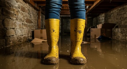Flooded basement with yellow rubber boots - water damage