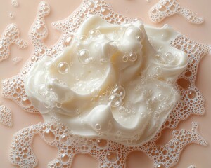Fototapeta premium Creamy foam with bubbles on a soft pastel background, ideal for skincare products
