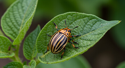 Colorado potato beetle resting on a vibrant green potato plant leaf outdoors