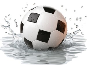 A soccer ball splashing into the water creating small water droplets