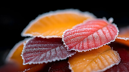 Frost Covered Autumn Leaves Closeup
