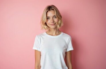 Obraz premium Young woman with bob haircut isolated pink background. Girl in simple white t-shirt smiles. Minimalist portrait studio shot with copy space. Blonde hair, trendy look, beauty, fashion, stylish.