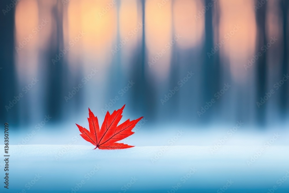 Poster a single vibrant red maple leaf rests on a pristine, snow-covered ground with a blurred forest backd