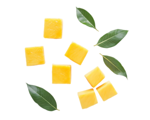 Yellow Cheese Cubes and Bay Leaves on Transparent Background, PNG