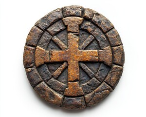 Circular stone emblem with cross design, showcasing weathered texture and shape