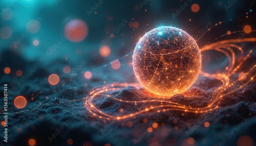 Poster abstract concept quantum physics. glowing sphere represents interconnected network. energy field, di