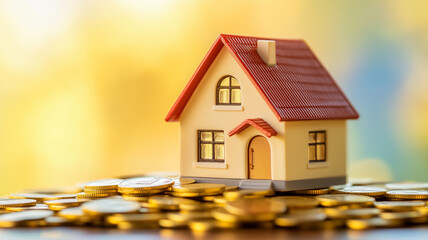 金貨の上に置かれた可愛い家のミニチュアと投資の象徴