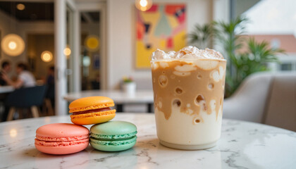 Fototapeta premium Iced coffee drink with colorful macarons in a cafe setting