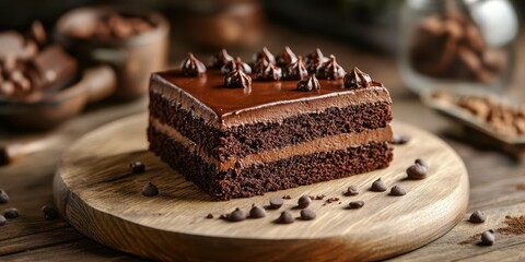 Delicious chocolate cake slice decorated with chocolate chips on a wooden board at a cozy bakery