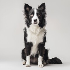 Fototapeta premium Studio portrait of black and white Border Collie dog sitting on neutral backdrop