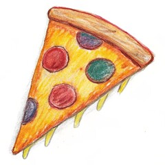 Playful pizza slice icon featuring hand-drawn warmth and creativity, ideal for children's projects, menus, and playful designs, white background