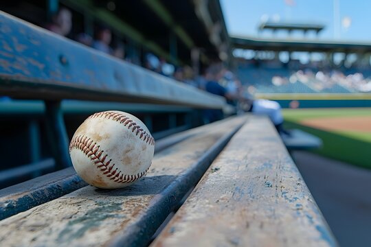 Baseball Game Action with Ball on Dugout Bench in Blurred Stadium Background