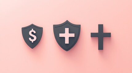 Obraz premium Pink background, shields with dollar, cross, plus symbols, faith, finance, protection