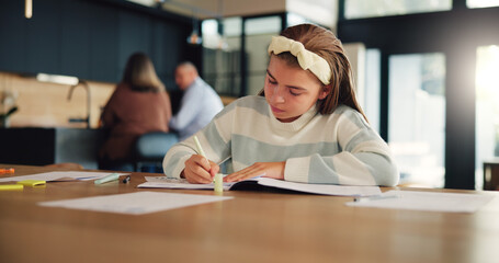 Writing, homework and child in home with notes for remote learning, education and lesson. School,...