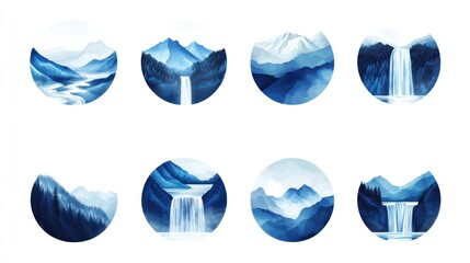 Blue mountain range and waterfall icons; nature background; social media