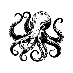 Naklejka premium Octpous engraving, scary devilfish etching isolated vector illustration