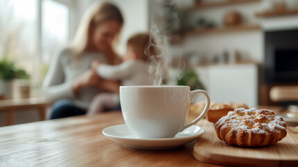 Cup of hot beverage on saucer stands near pastry with powdered sugar. Mother lovingly holds infant in bright kitchen interior.