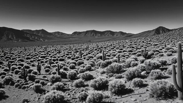 Aerial video view of a vast desert landscape with cacti and shrubs under a dramatic sky, showcasing a monochrome, high-contrast style. Live desktop wallpaper.