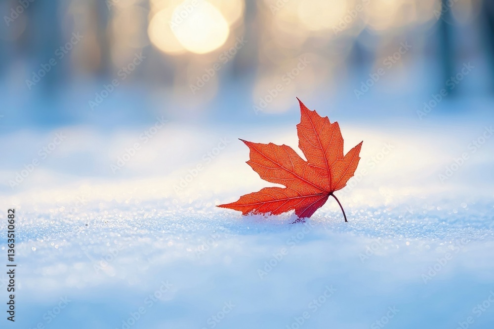 Poster a single, vibrant red maple leaf rests gently on a pristine layer of fresh snow, bathed in the soft 