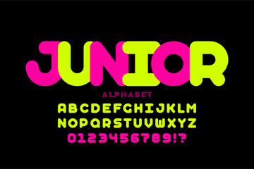 Junior. Kids style font, alphabet letters and numbers vector illustration