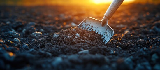 Sunset soil with gardening trowel.