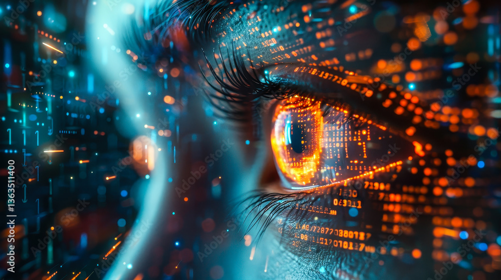 Poster close-up of futuristic human eye embedded with digital data streams and ai visuals reflecting automa