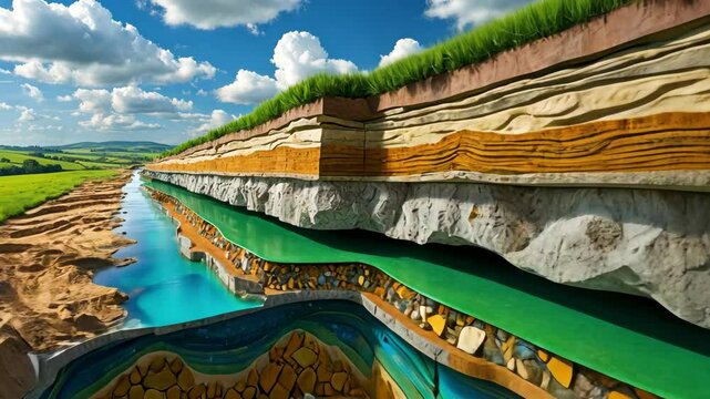 3D cutaway cross-section of soil layers with underground water and plant roots above river

