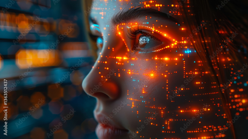 Poster futuristic human face with digital automation and ai integration enhancing business productivity and