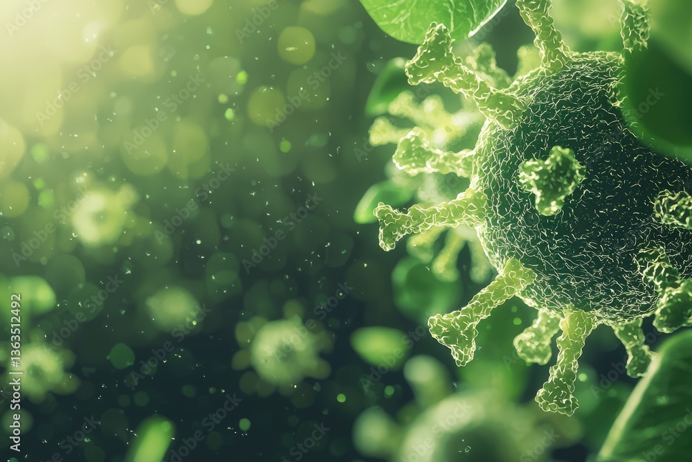 Poster microscopic view of a virus particle, detailed structure with green tones and bokeh background.