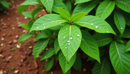 Green leaves and fresh soil with glistening water droplets on vibrant foliage in a lush garden setting