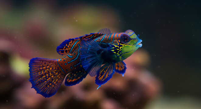 Striking portrait of a vibrant mandarinfish swimming gracefully through coral reef habitat