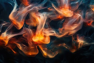 Fototapeta premium Fiery orange jellyfish gracefully float in dark water, their translucent bodies glowing with ethereal light.