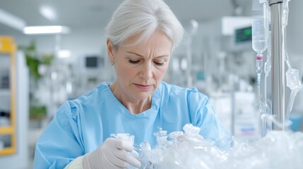 Fototapeta premium Focused medical professional meticulously working in a sterile hospital environment