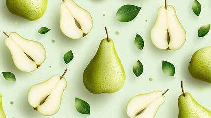   A group of pears and pear slices on a light green background with green leaves and a green spot in the middle