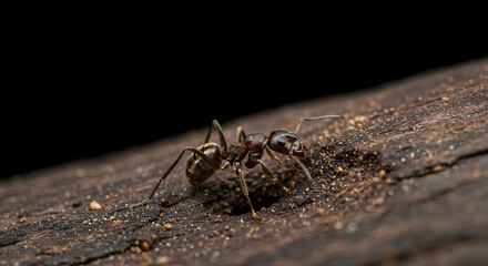 Obraz premium Carpenter ant constructing nest entrance in decay wood, black background, macro view