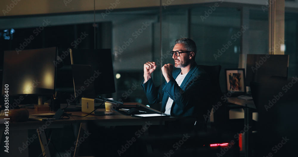 Aufkleber business, man or celebration with laptop in office for system update success, troubleshooting or sof