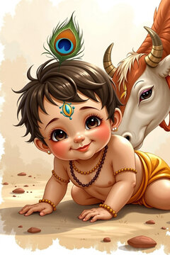Adorable Baby Krishna with Cow Hindu Deity, Childhood Innocence