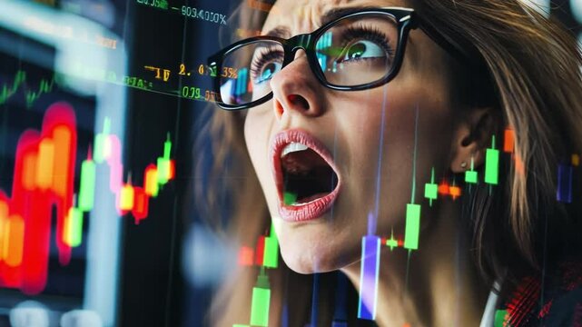 Stock Market Shock: A business person, their face etched with a mixture of shock and disbelief, gazes upon the fluctuating trends of the stock market.