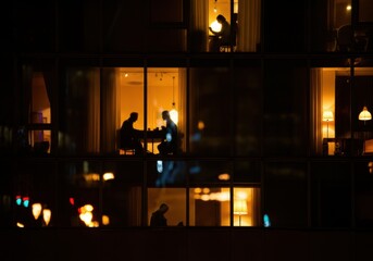 Silhouettes of people dining in a warmly lit apartment building at night