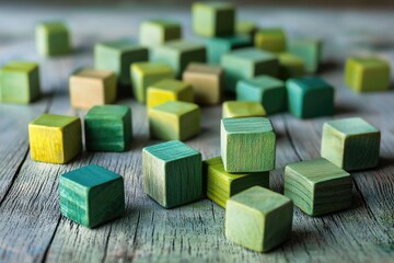 Scattered green and yellow wooden cubes on a rustic surface.