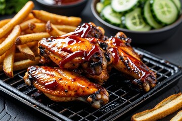 Succulent BBQ chicken wings glistening with tangy glaze served with crispy golden fries, a delightful culinary experience.