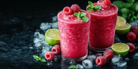 Refreshing raspberry and lime smoothies served in chilled glasses on a dark countertop