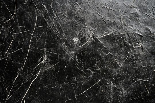 Abstract black texture with white scratches and grunge elements, creating a dark and distressed background.