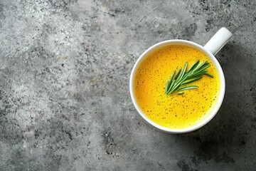 Golden turmeric latte with rosemary garnish in a white mug on a gray background.