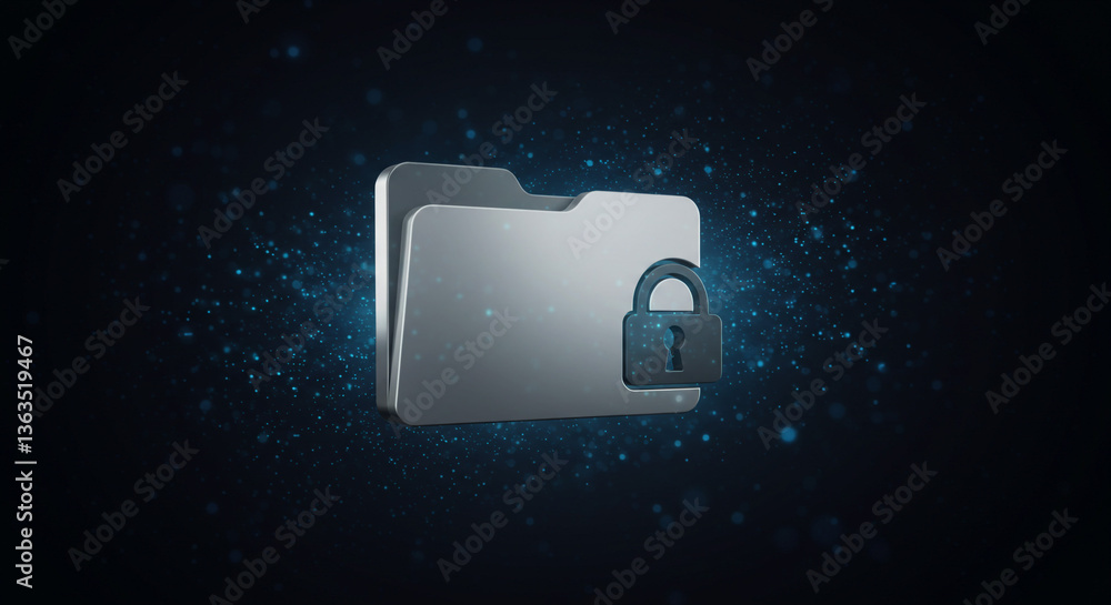 Poster secure digital vault, a gleaming metallic folder icon safeguarded by a lock, shimmering with digital