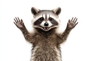 Obraz premium A cheerful raccoon raises both paws in a friendly, welcoming gesture against a white background.